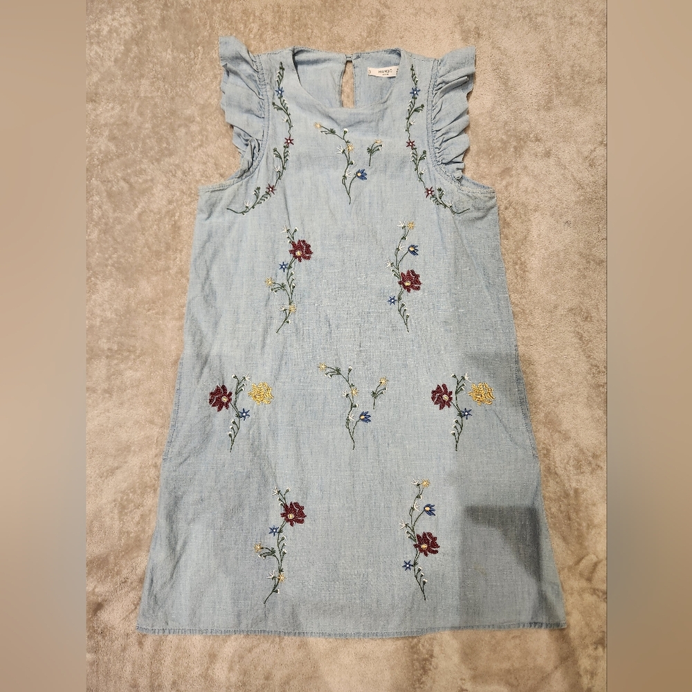 Mango Embroidered Spring Flower Hippie Babydoll Denim Dress